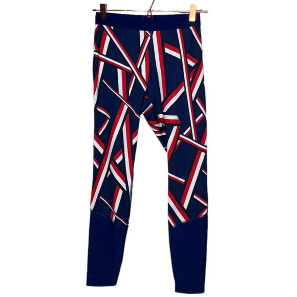 Tommy Hilfiger Sport Small‎ S Navy Blue Red Stripe Logo Mesh Cutout Leggings